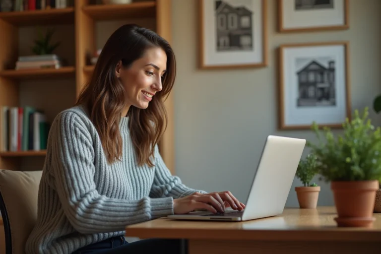 Femme naviguant sur un site de guides habitat depuis un ordinateur portable dans un bureau à domicile bien organisé