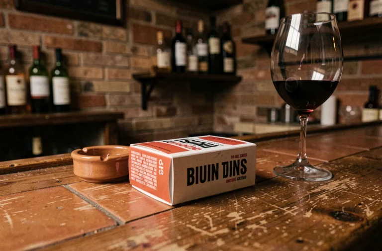 Paquet de cigarettes posé sur le comptoir d'un bar espagnol traditionnel avec carrelage en terre cuite