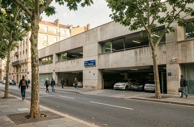 Entrée d'un parking public en centre-ville de Valence avec signalétique bleue et façade en béton moderne