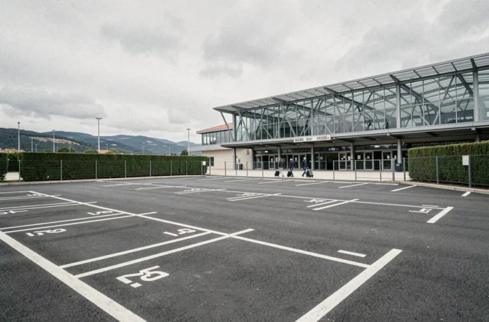 Parking extérieur proche de la gare TGV de Valence avec voyageurs et entrée de la gare en arrière-plan