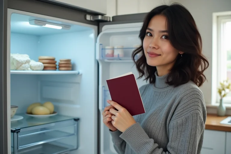 Femme tenant un passeport bordeaux devant un congélateur ouvert dans une cuisine moderne, illustrant le mythe de conserver son passeport au congélateur