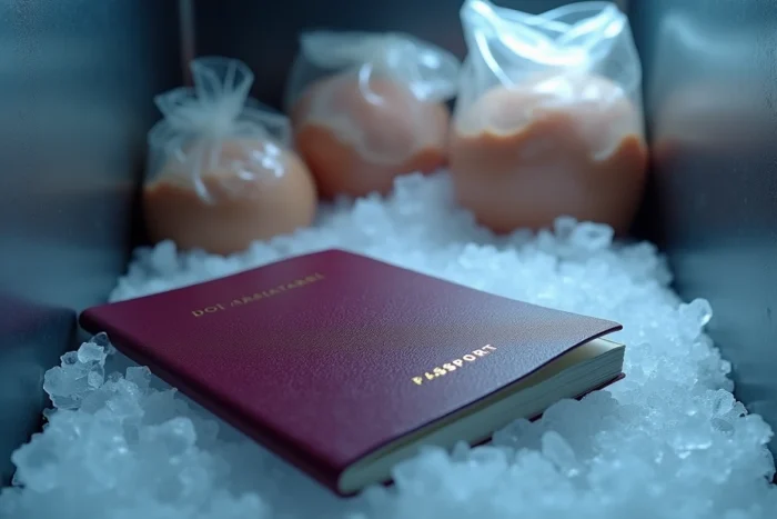 Passeport posé dans un congélateur recouvert de cristaux de givre, illustrant la question de conserver ses documents officiels au froid