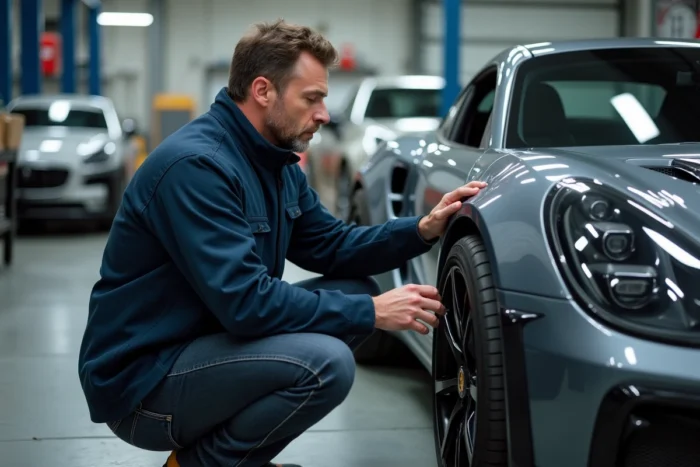 Passionné d'automobile examinant une voiture de sport moderne dans un garage atelier contemporain en 2024