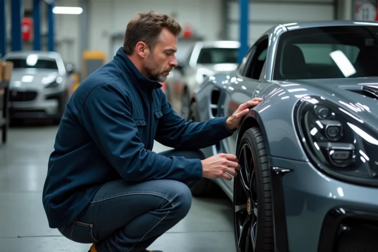 Passionné d'automobile examinant une voiture de sport moderne dans un garage atelier contemporain en 2024