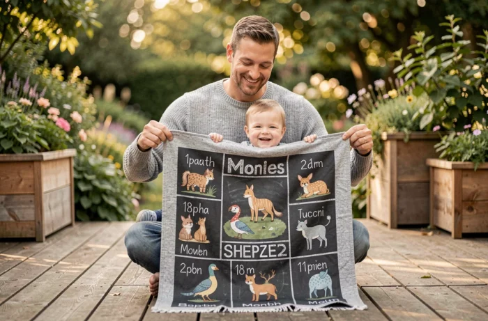 Père tenant une couverture étape personnalisée avec bébé assis devant dans un jardin verdoyant