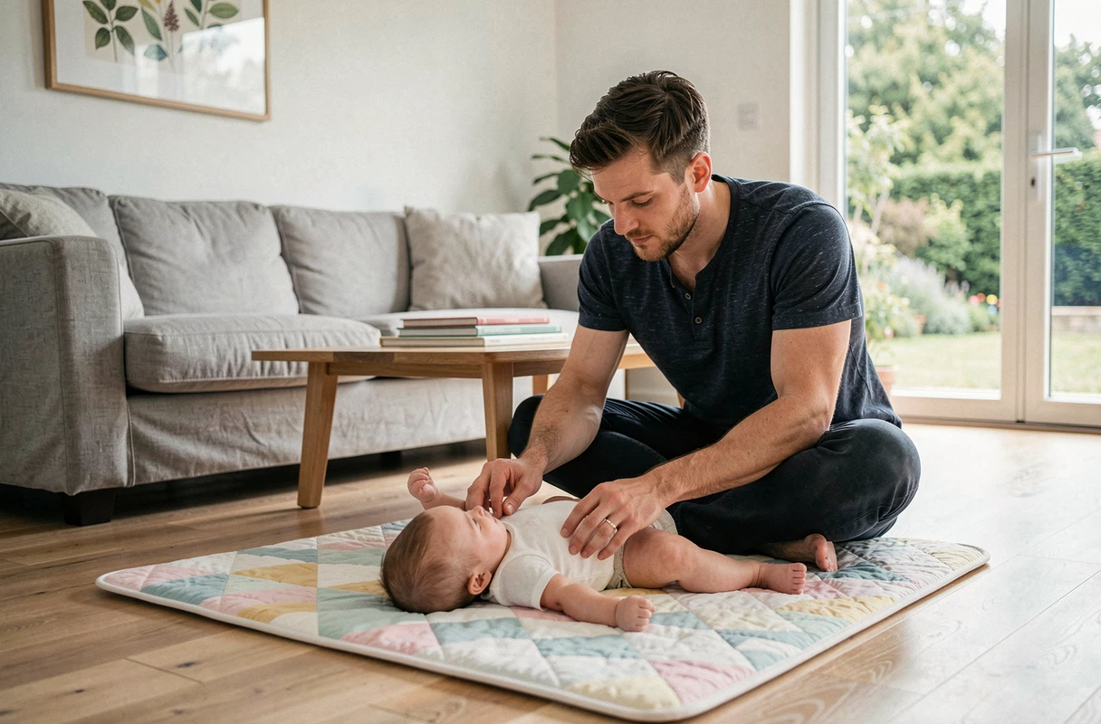 Père accompagnant son bébé lors d'une séance de tummy time sur un tapis de jeu dans le salon familial