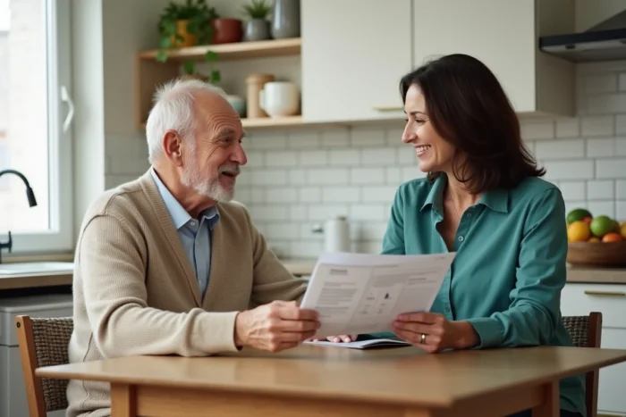 Personne âgée et conseillère ADMR consultant ensemble une brochure sur les tarifs horaires d'aide à domicile