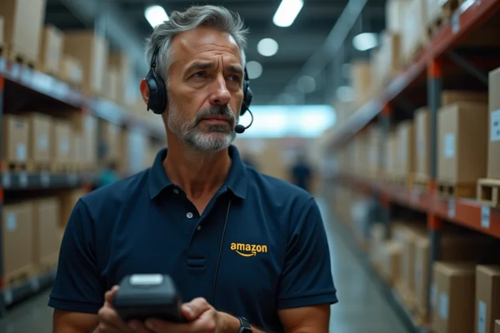 Portrait d'un préparateur de commandes Amazon avec scanner en main lors d'une nuit de travail en entrepôt