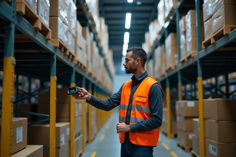 Préparateur de commandes en entrepôt Amazon la nuit scannant des colis sur des étagères métalliques industrielles
