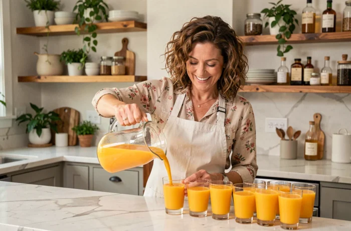 Femme préparant l'apéritif Jacqueline en grande quantité en versant le cocktail dans des verres alignés sur un plan de travail en marbre