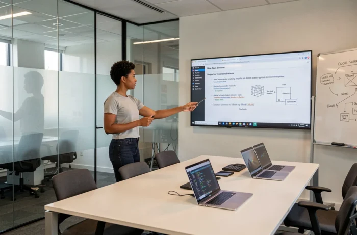 Femme présentant un projet open-source Linux sur grand écran dans une salle de réunion high-tech moderne