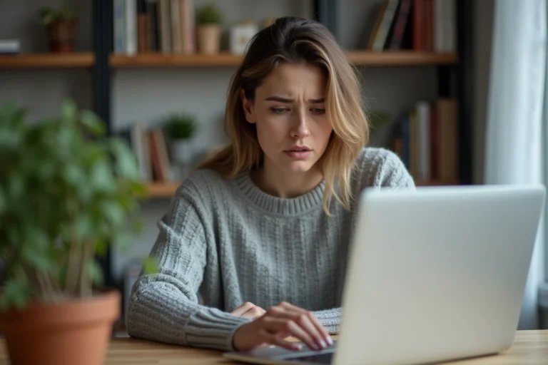 Femme tentant de se connecter à une plateforme en ligne sur son ordinateur portable avec un message d'erreur de connexion affiché