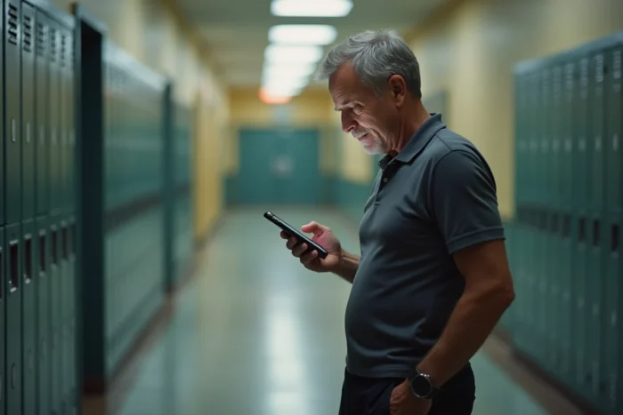 Professeur consultant sa messagerie académique Zimbra sur téléphone dans un couloir d'école