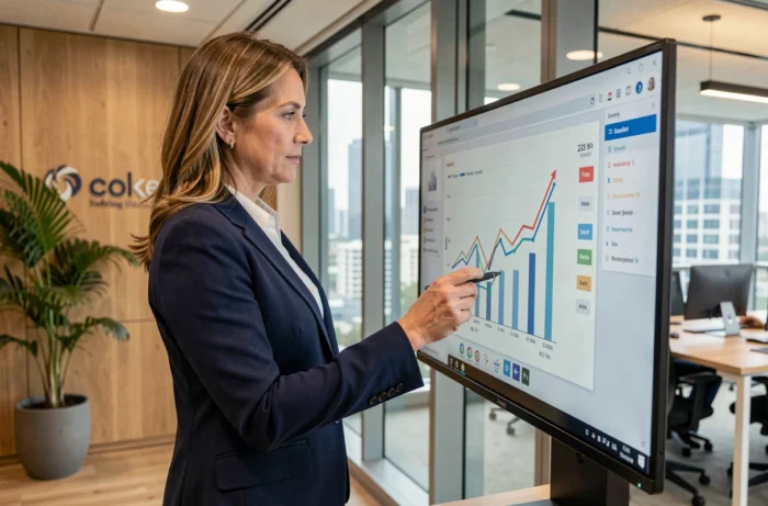 Professionnelle en blazer marine analysant des graphiques de croissance d'entreprise sur un écran dans un bureau moderne