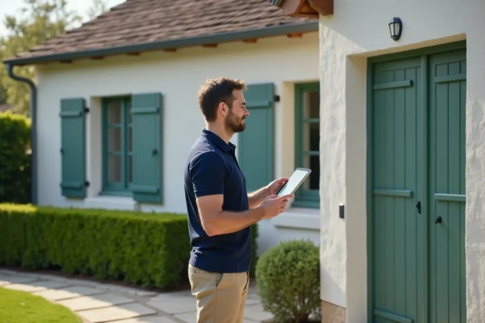 Propriétaire consultant une comparaison d'assurance habitation Foncia sur tablette devant sa maison