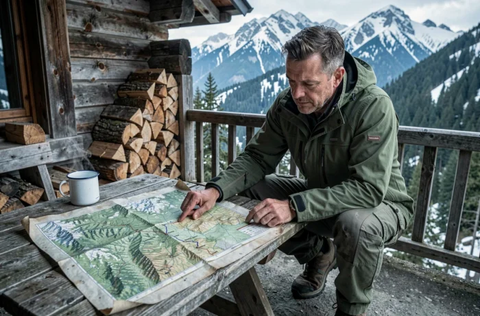 Randonneur étudiant une carte topographique devant un refuge de montagne pour planifier une aventure
