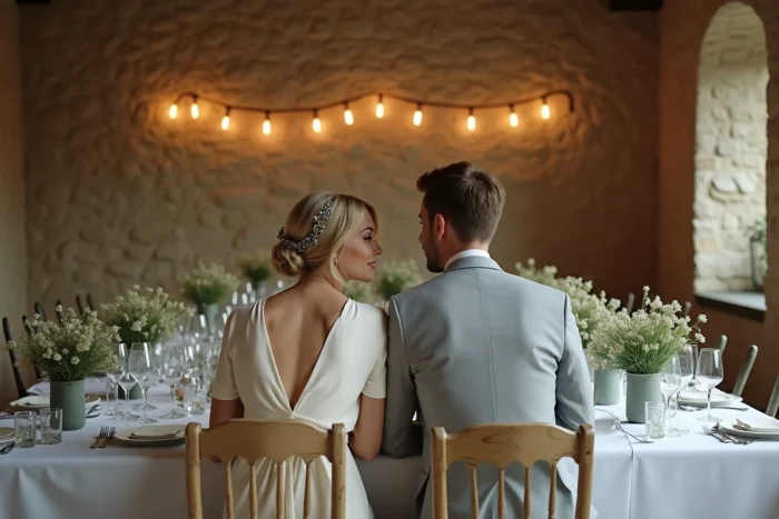 Réception de mariage intime dans une grange rustique française avec une petite tablée de convives