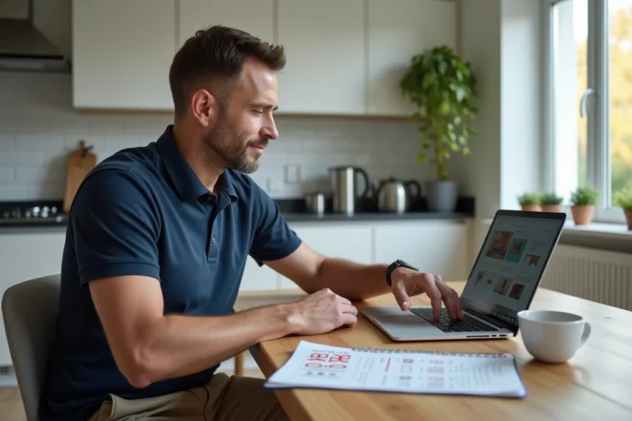 Homme comparant les promotions Poltronesofa en ligne sur un ordinateur portable à la maison, avec des bons de réduction et des notes de comparaison de prix