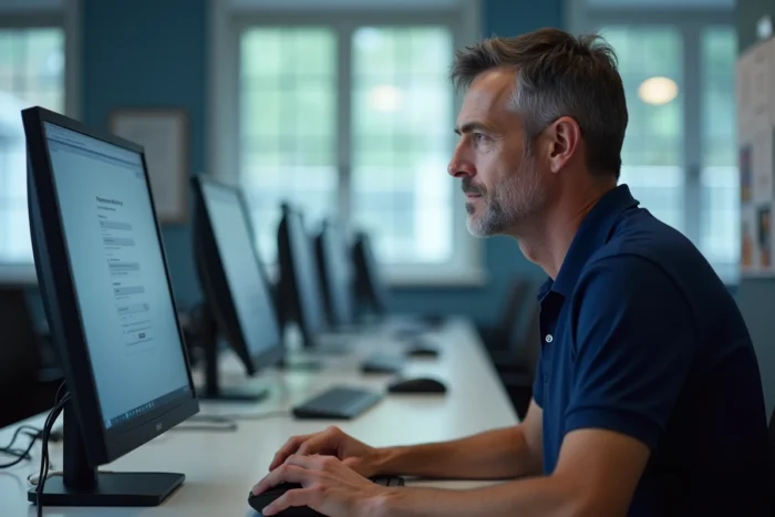 Homme en centre de formation professionnelle remplissant un formulaire de récupération de mot de passe sur un ordinateur de bureau