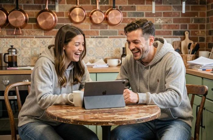 Deux amis regardant ensemble un film français gratuit en streaming sur une tablette dans une cuisine