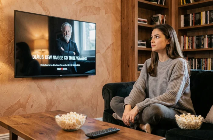 Jeune femme regardant un film en français en streaming sur sa télévision depuis son canapé à la maison