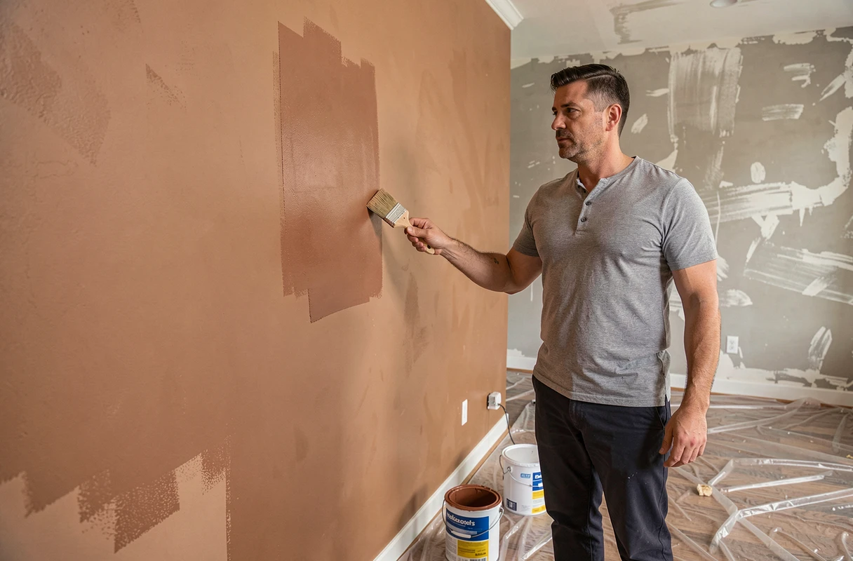 Homme appliquant de la peinture terracotta sur un mur en cours de rénovation dans un appartement