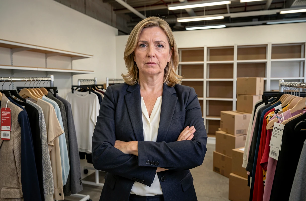 Responsable de boutique de mode féminine dans un magasin en cours de liquidation avec rayons à moitié vides