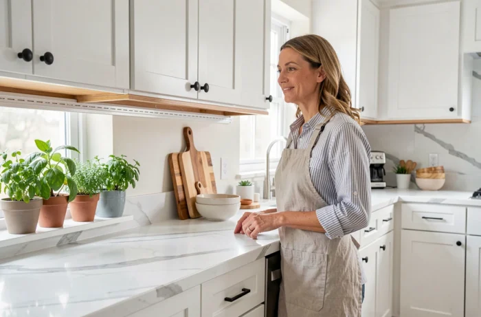 Femme admirant le résultat d'une goulotte d'alimentation bien installée sous les placards d'une cuisine contemporaine lumineuse