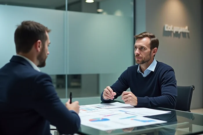 Homme en réunion avec un conseiller financier dans une banque pour discuter des options permettant d'obtenir 7000 euros rapidement