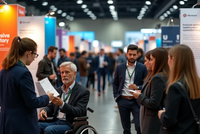 Salon de l'emploi inclusif avec des candidats divers explorant des opportunités professionnelles axées sur l'inclusion