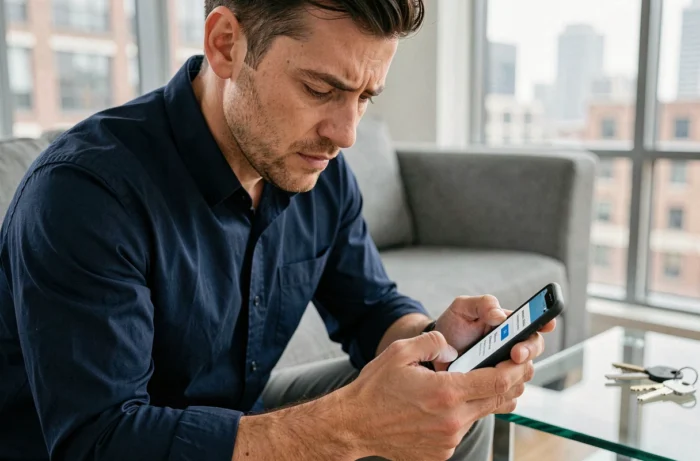 Homme sécurisant son espace en ligne MyFoncia depuis son smartphone dans un appartement urbain