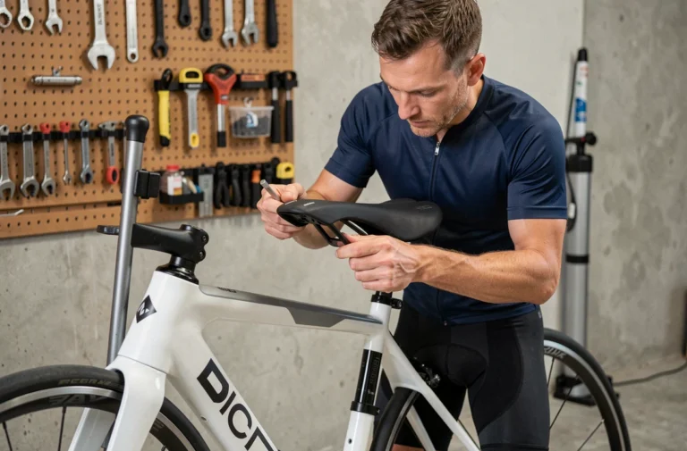 Cycliste installant une selle ergonomique sur un vélo de route Triban RC120 dans un garage atelier