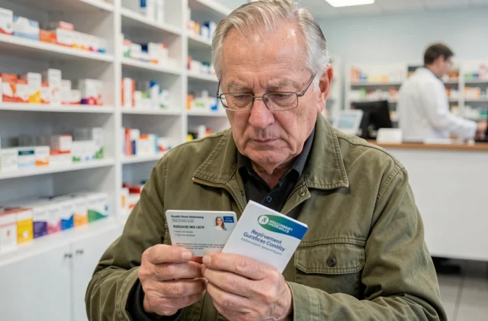 Senior tenant sa carte de mutuelle et un livret de garanties dans une salle d'attente de pharmacie