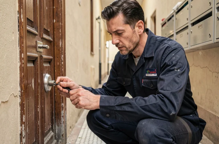 Serrurier professionnel en uniforme examinant une serrure endommagée devant une porte d'appartement à Villeurbanne