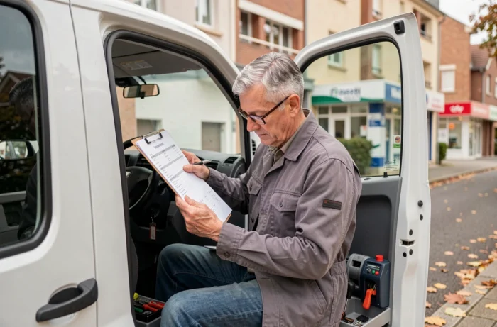 Serrurier d'urgence consultant sa feuille de route dans son véhicule professionnel avant une intervention à Villeurbanne