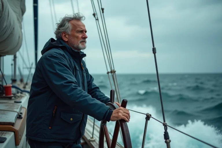 Skipper français expérimenté à la barre de son voilier de course en plein Atlantique par temps de tempête