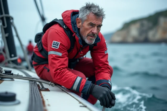 Skipper en combinaison offshore manœuvrant un winch sur le pont incliné d'un voilier de régate côtière