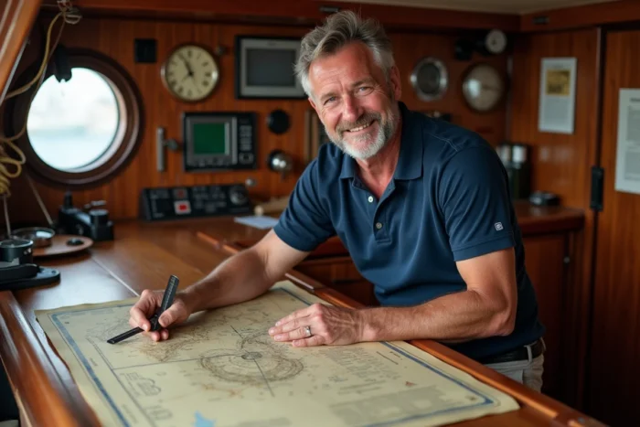Grand skipper français étudiant des cartes nautiques à la table de navigation à l'intérieur d'un voilier de course