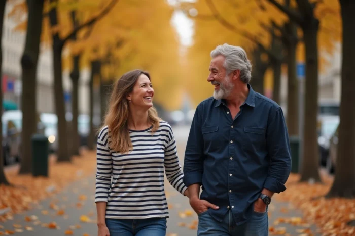 Couple se promenant main dans la main sur un boulevard parisien en automne, ambiance détendue et complicité naturelle entre les deux partenaires