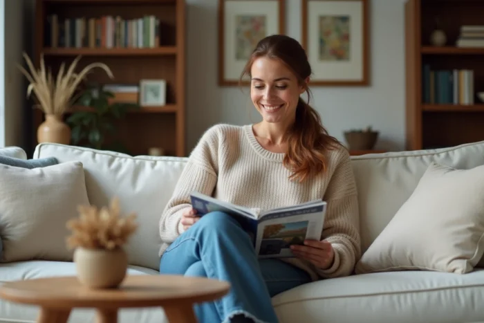 Animatrice souriante et détendue lisant un magazine dans son salon décoré avec goût, reflet de sa vie personnelle et de son intérieur chaleureux