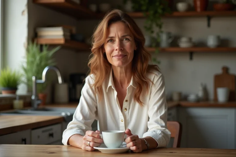 Animatrice de télévision dans son intérieur cosy, assise à une table en bois avec une tasse de café, atmosphère intime et chaleureuse d'un appartement parisien