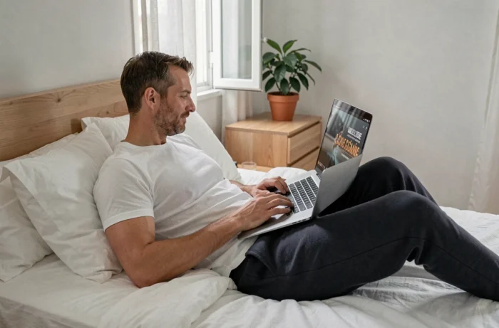 Homme regardant une série française en streaming gratuit sur son ordinateur portable dans sa chambre