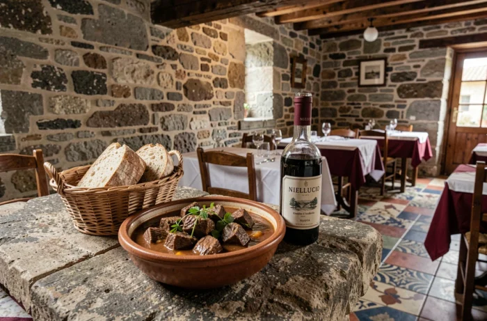 Stufatu corse servi dans un restaurant traditionnel d'Ajaccio avec pain de farine de châtaigne et vin de Nielluccio