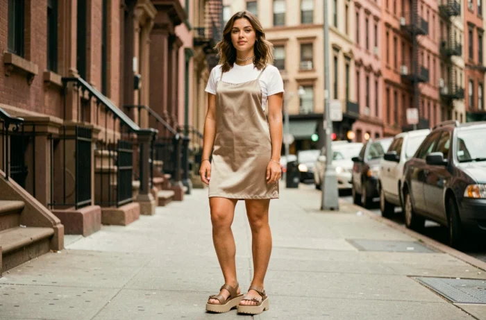 Femme en robe nuisette beige sur t-shirt blanc et sandales plateformes, style mode iconique des années 1995 dans une rue de New York