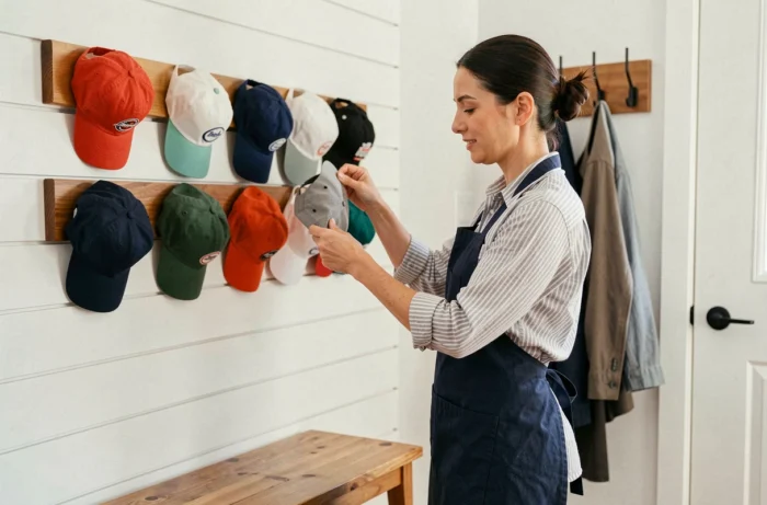 Femme installant des casquettes sur un support mural en bois fait maison dans une entrée de maison