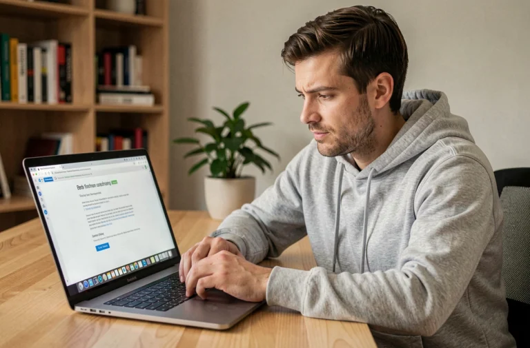Homme en hoodie gris téléchargeant un logiciel en toute sécurité sur son ordinateur portable depuis son bureau à domicile
