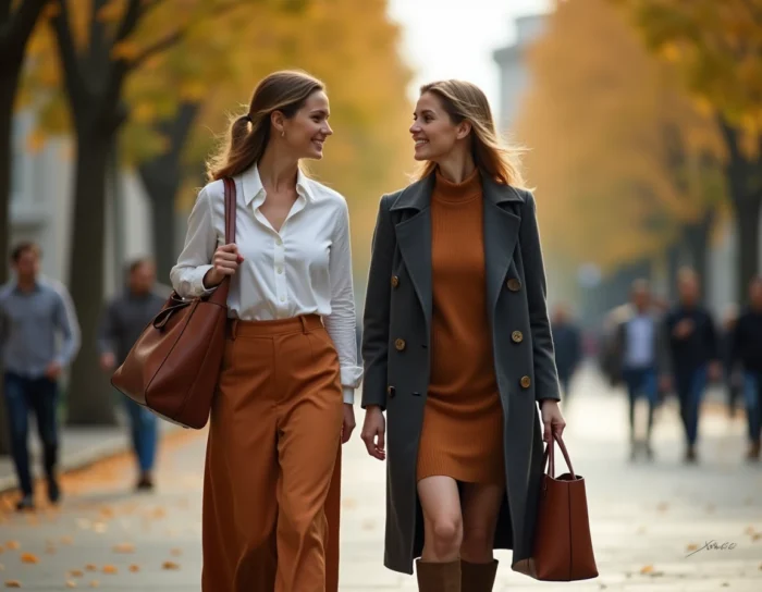 Deux femmes élégantes en tenues tendance automne-hiver marchant sur un boulevard parisien arboré avec des accessoires en cuir