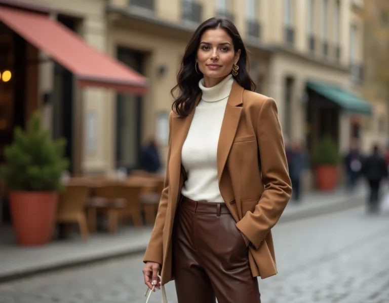 Femme élégante portant un blazer camel oversize et un pantalon large marron dans une rue parisienne pavée en automne