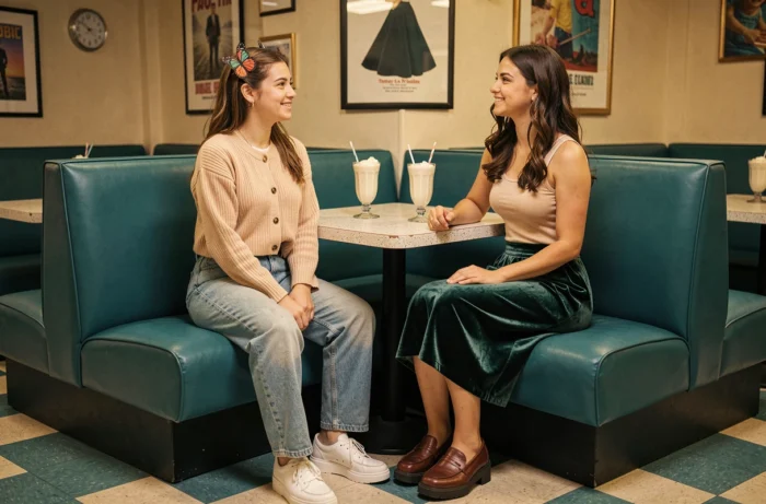 Deux jeunes femmes en tenues tendance 1995 dans un diner rétro américain, mode années 90 avec cardigan côtelé et jupe velours