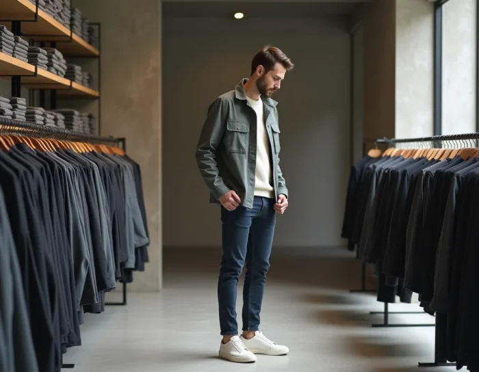 Homme en veste utilitaire grise et jean indigo explorant les rayons d'un concept store minimaliste au design industriel